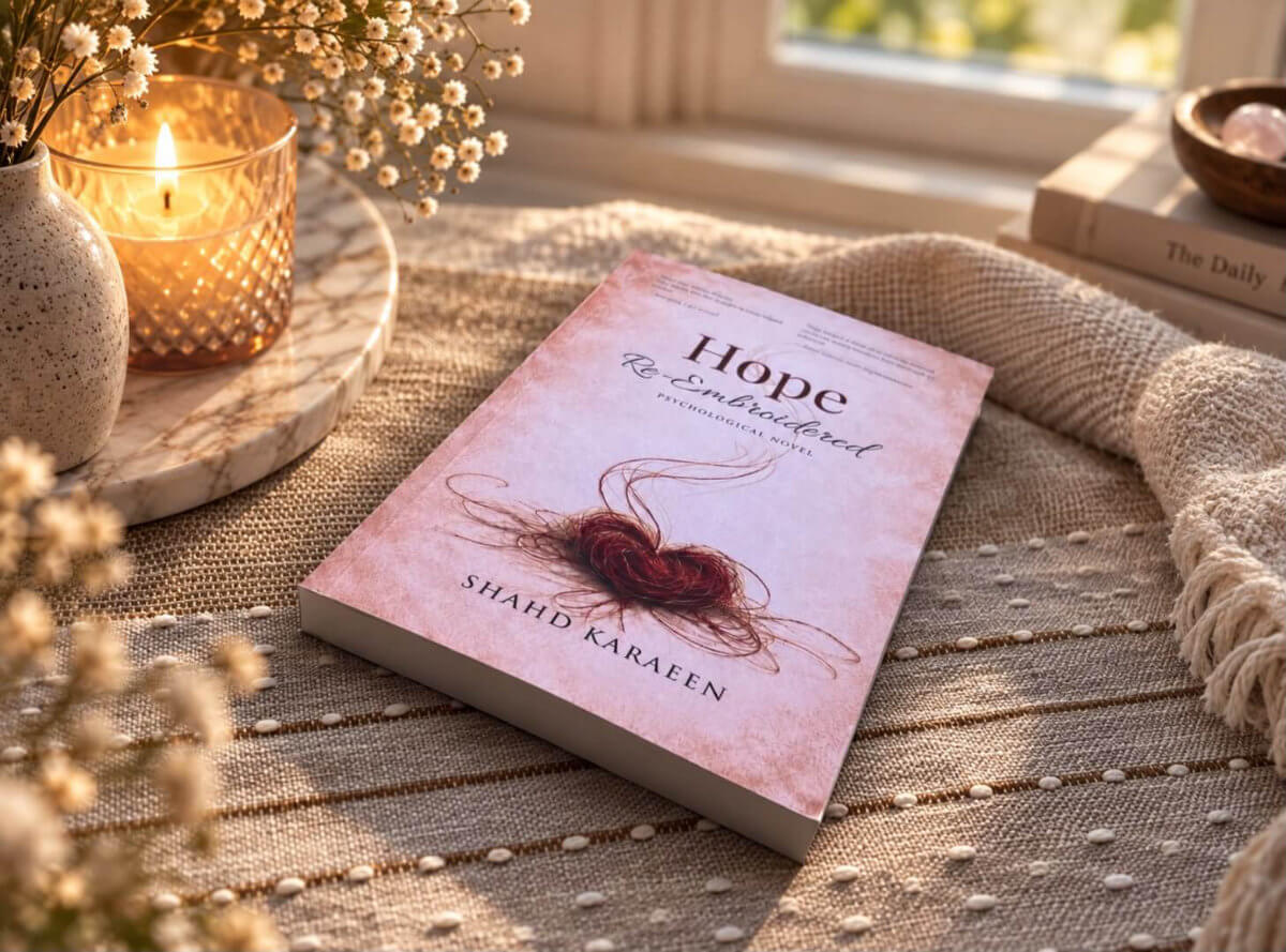 Clothbound hardback of Hope: Re-Embroidered with embroidery needle and thread